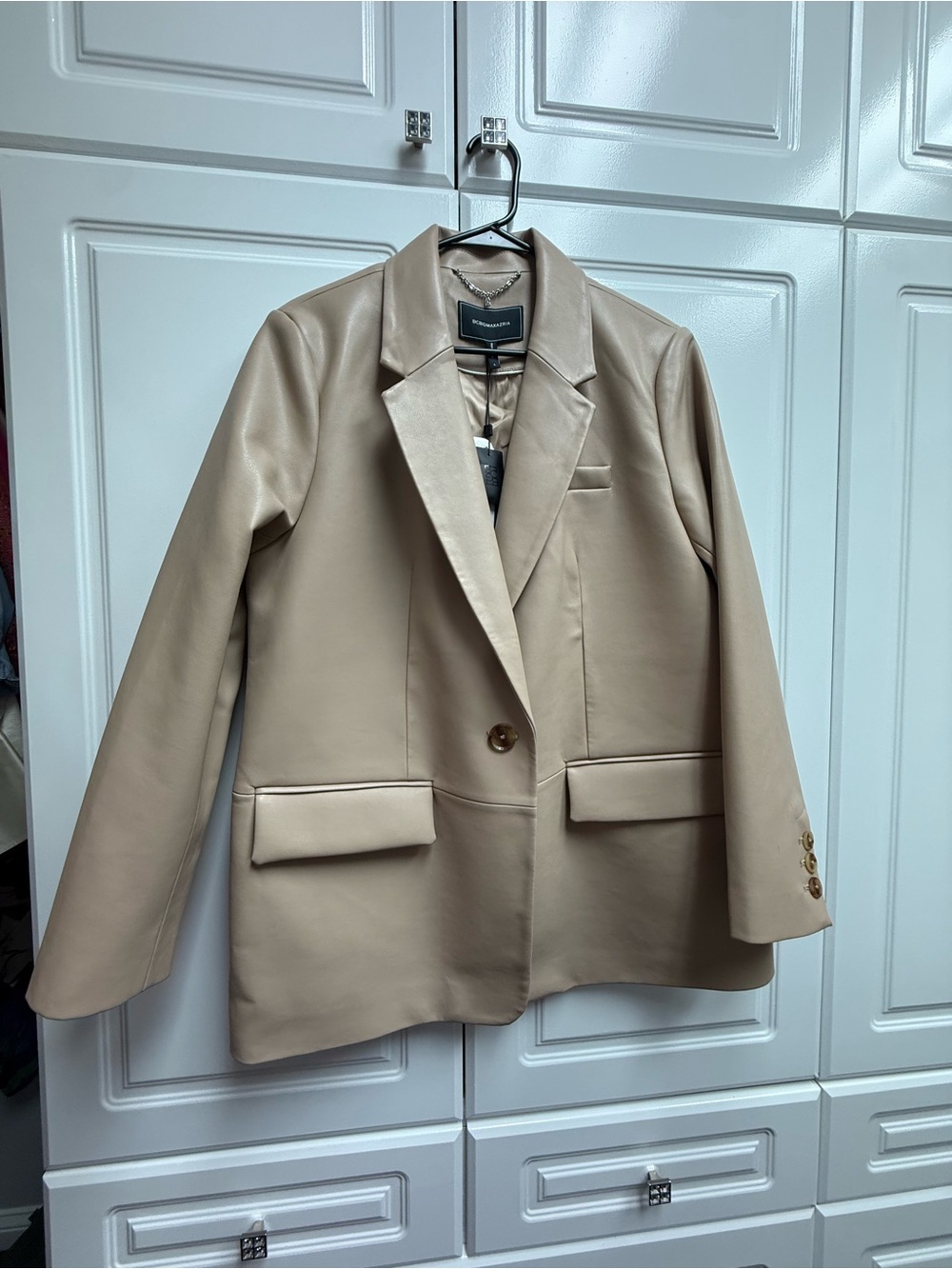 BCBG MaxAzria Women's Beige Faux Leather Blazer Jacket